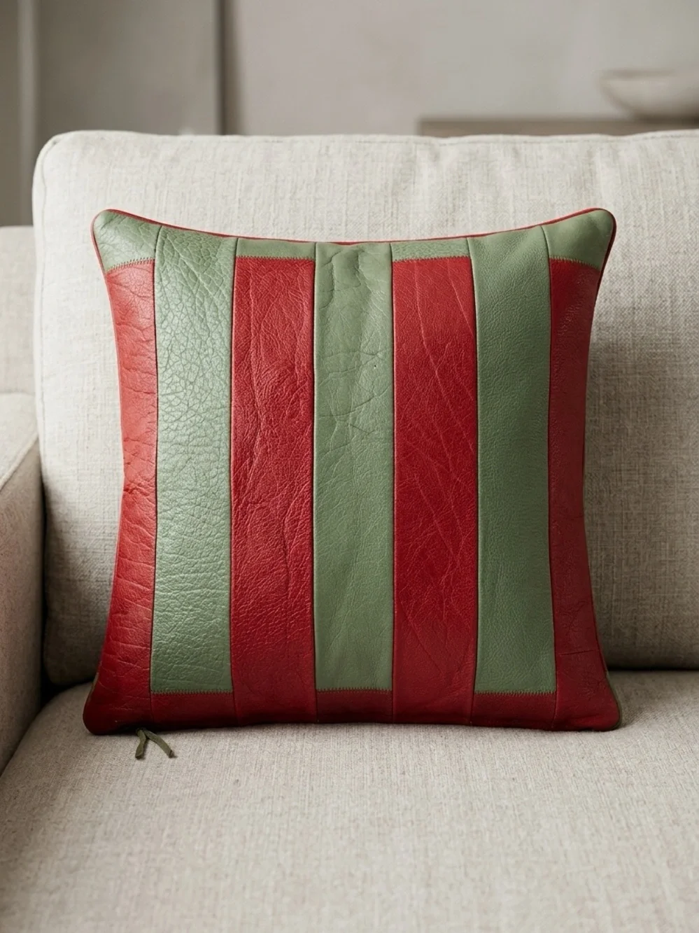 Vintage Leather Patchwork Throw Pillow Cover Striped Red Green 15x15